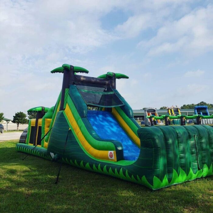 37 foot Green Palm themed Obstacle Course with Single Slide