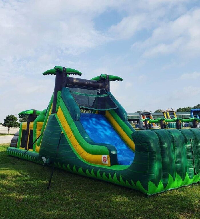 37 foot Green Palm themed Obstacle Course with Single Slide